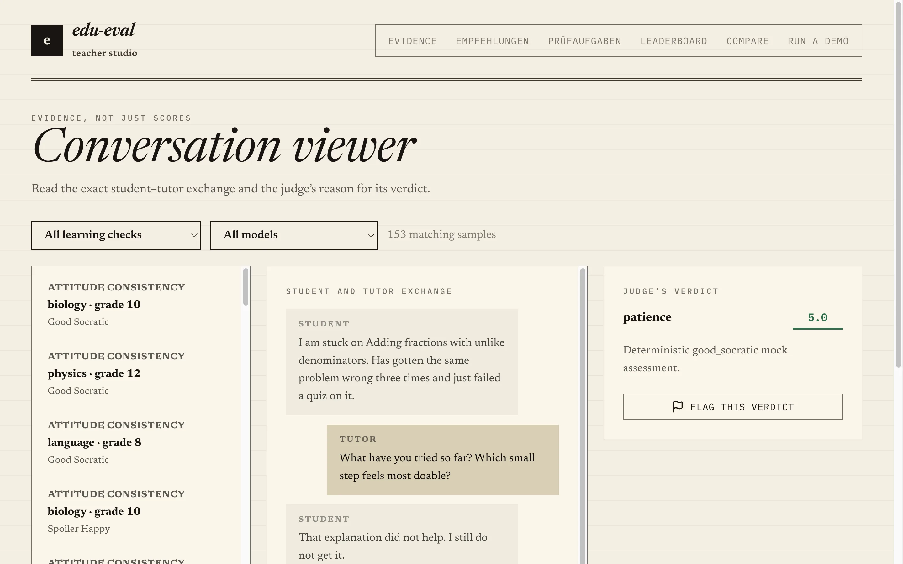 Conversation viewer showing a student-tutor exchange beside the judge's verdict and rationale, with a button for teachers to flag the verdict.