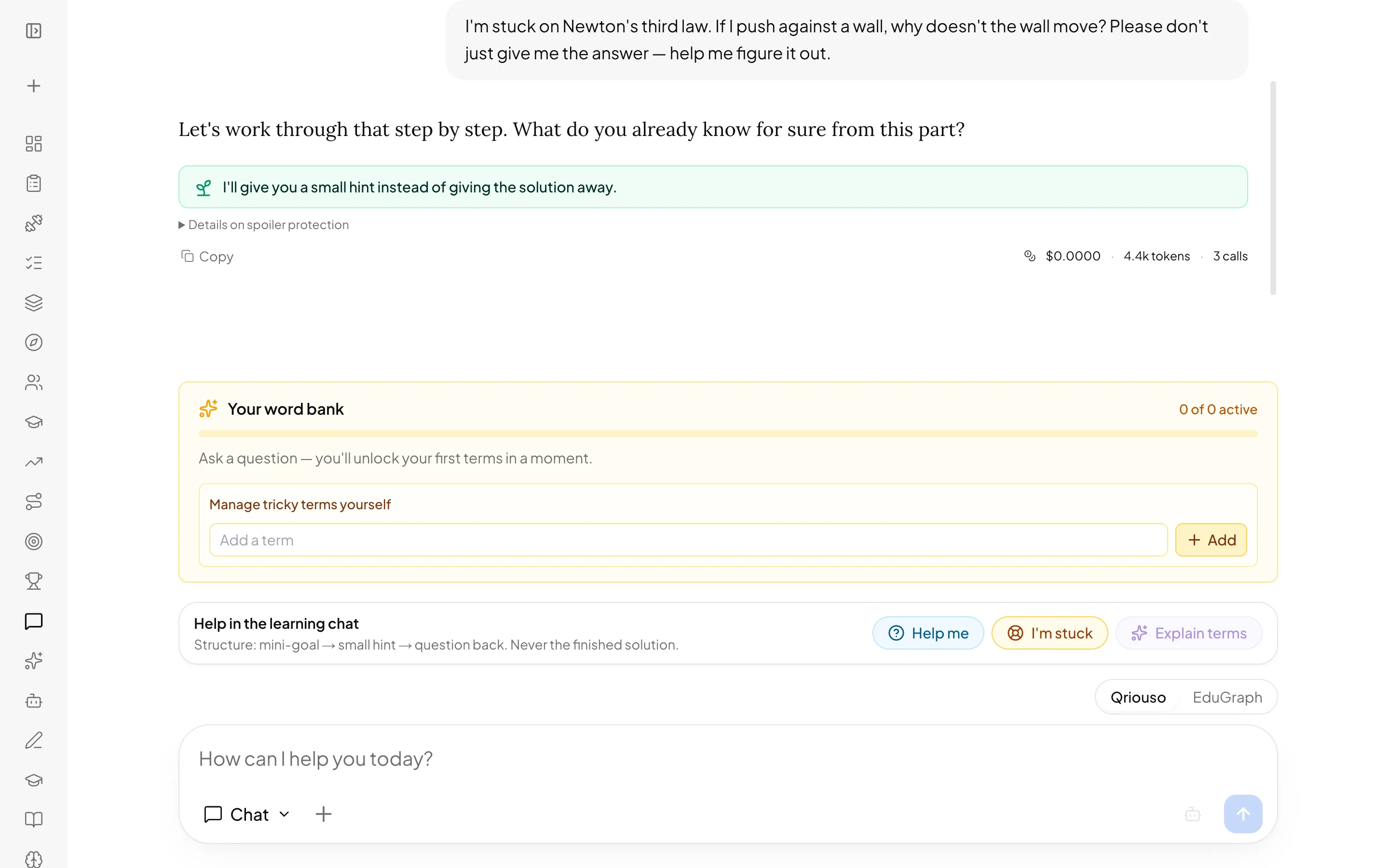 Student chat where a stuck question about Newton's third law gets a short guided counter-question and a green banner explaining that a small hint is given instead of the solution.