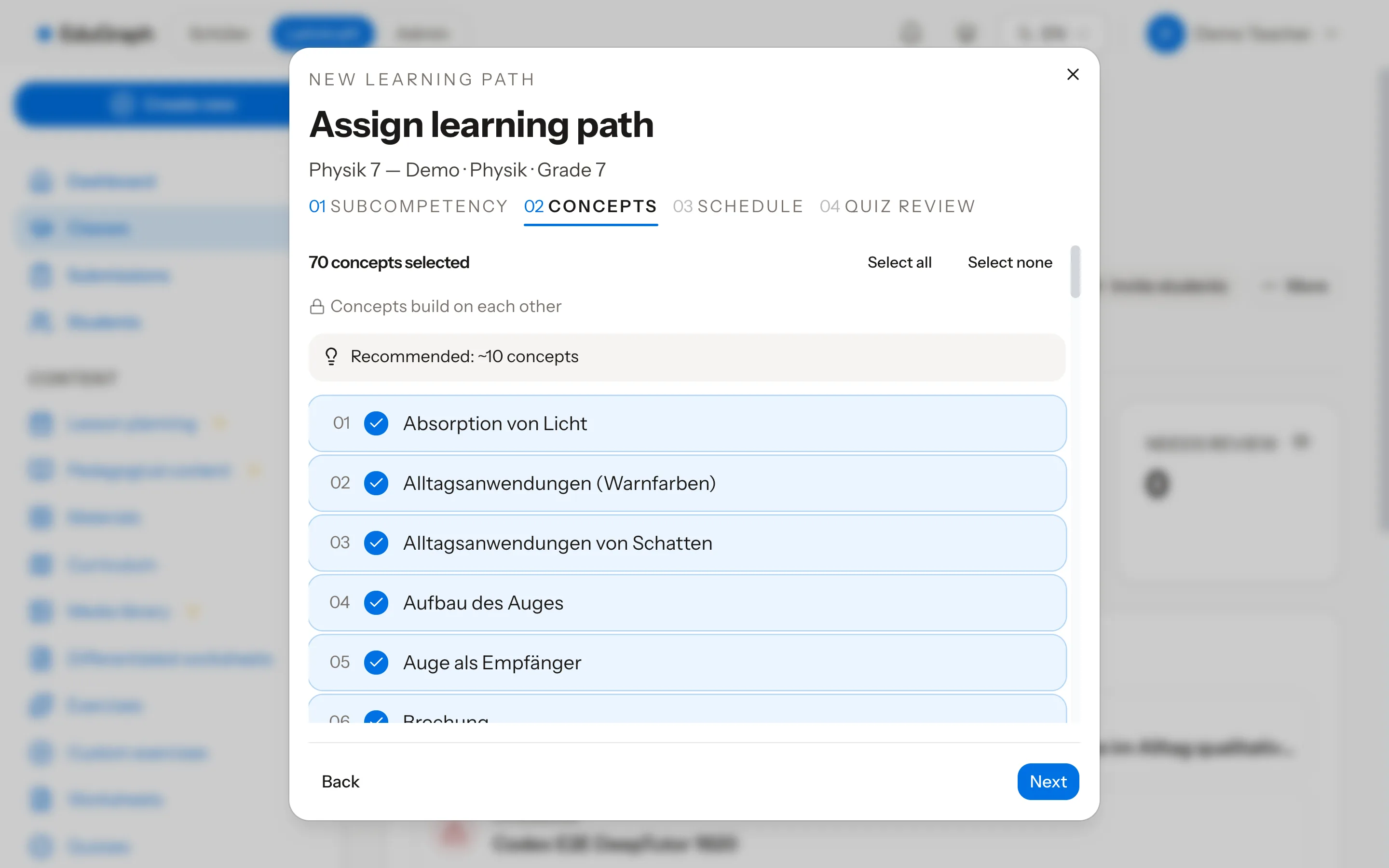 Assign-learning-path wizard on step two of four, with 70 concepts selected in prerequisite order and a note that concepts build on each other.